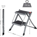 SONGMICS Scara pliabila cu 2 trepte, cauciuc antiderapant, cu maner, sarcina 150 kg, otel, 50x60x44cm, gri si negru