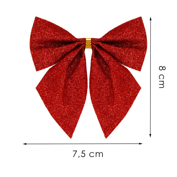 Set 6 ornamente pentru bradul de Craciun, fundita, 8cm, rosu cu sclipici
