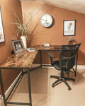 VASAGLE Birou de colt in forma de L, cadru din otel, 149x149x75cm, industrial, maro rustic si negru