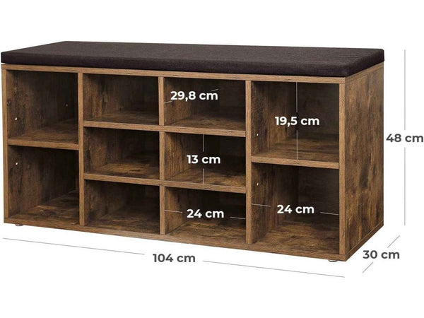 VASAGLE Banca pentru hol cu suport pentru pantofi, 10 compartimente, cu perna, 104x48x30cm, maro rustic