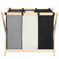 Cos de rufe cu 3 compartimente, cadru din lemn, 67x42x57 cm, 105 litri