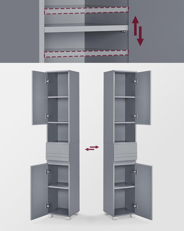 VASAGLE Dulap inalt 30x30x170 cm, cu sertar, rafturi reglabile si usi reversibile, MDF, gri