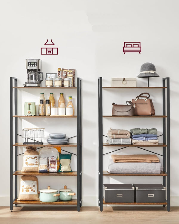VASAGLE Biblioteca tip scara 80x30x153 cm, 5 rafturi deschise, stil industrial, maro rustic