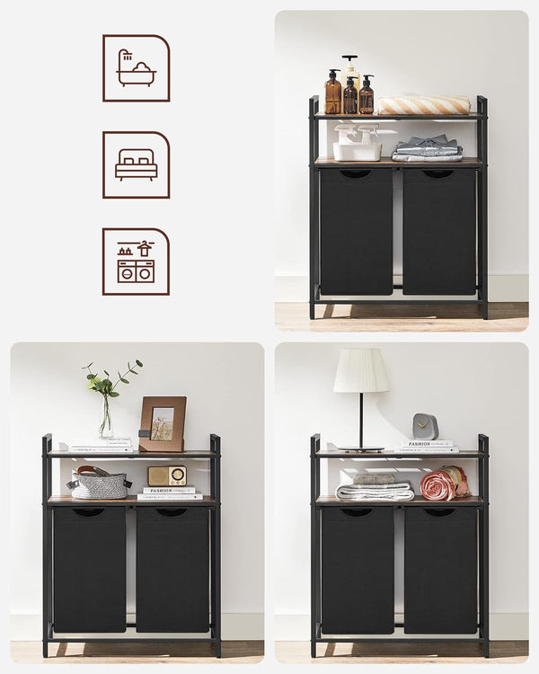VASAGLE Cos de rufe, cu 2 saci detasabili, 2 rafturi, capacitate de 46L per sac, 73x33x72cm , maro rustic si negru