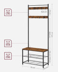 VASAGLE Cuier pentru haine cu banc de depozitare a pantofilor, cadru din otel, 32x70x177cm, industrial, maro rustic si negru