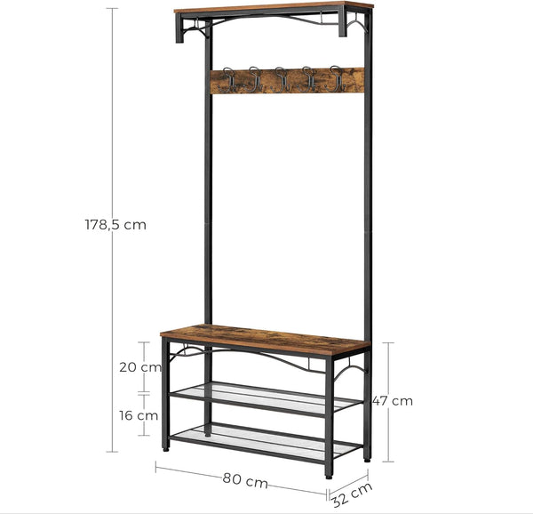 VASAGLE Cuier pentru haine, suport pentru pantofi si banca cu rafturi, cu carlige, cadru metalic mat, 80x32x178cm