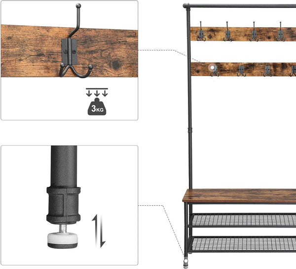 VASAGLE Cuier pentru haine cu 9 carlige si suport pentru pantofi, stil industrial, cadru din otel, 100x42x182 cm