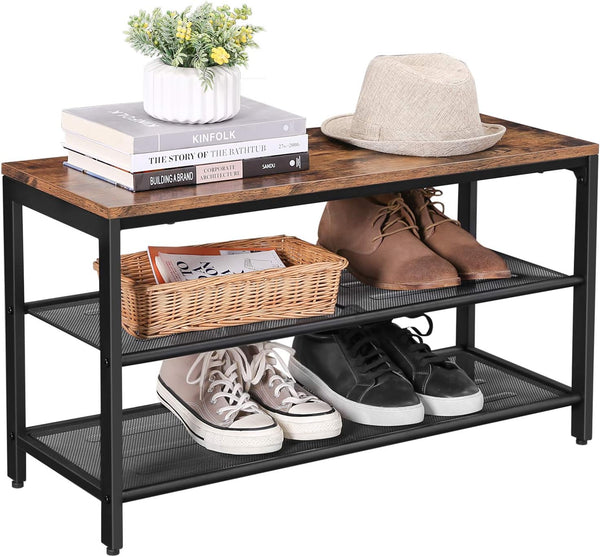 VASAGLE Raft pentru pantofi, cu 2 nivele, metal, 80x30x44cm, stil industrial, maro rustic si negru