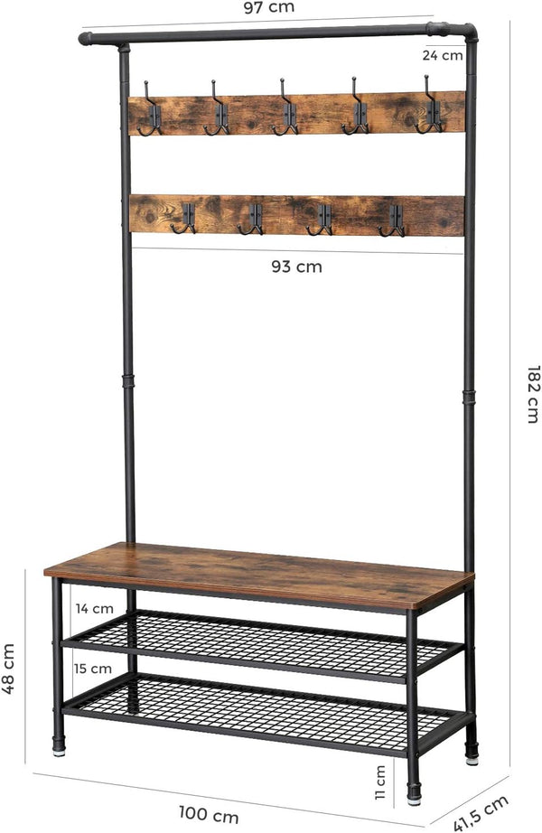 VASAGLE Cuier pentru haine cu 9 carlige si suport pentru pantofi, stil industrial, cadru din otel, 100x42x182 cm