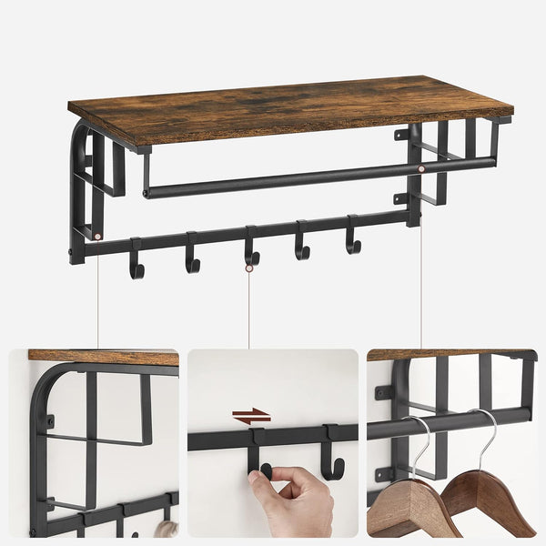 VASAGLE Cuier de perete cu raft de depozitare, 5 carlige detasabile, 30x66x27cm, maro rustic si negru