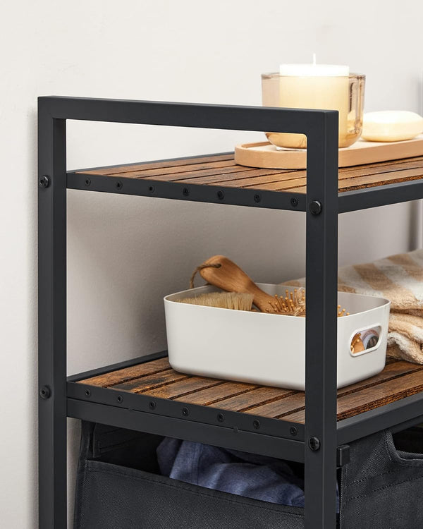 VASAGLE Cos de rufe, cu 2 saci detasabili, 2 rafturi, capacitate de 46L per sac, 73x33x72cm , maro rustic si negru