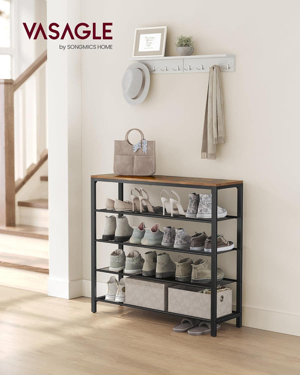 VASAGLE Raft de pantofi, cu 4 rafturi din plasa, cadru din otel, industrial, 30x100x92cm, maro rustic si negru