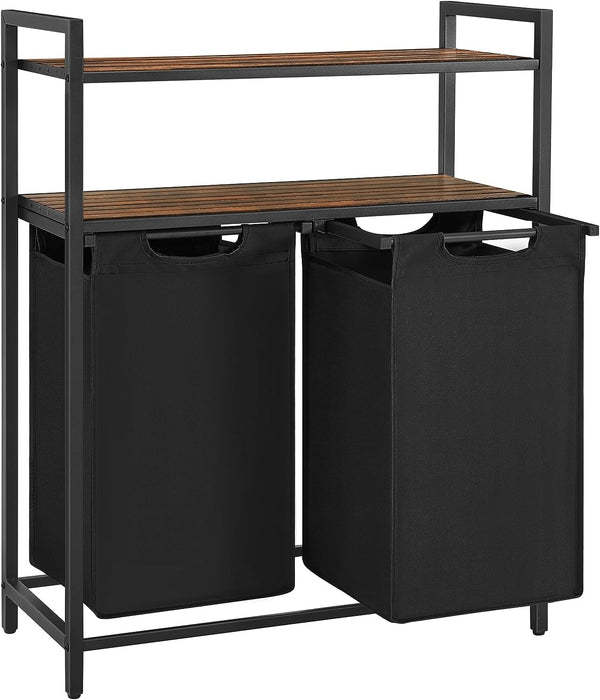 VASAGLE Cos de rufe, cu 2 saci detasabili, 2 rafturi, capacitate de 46L per sac, 73x33x72cm , maro rustic si negru