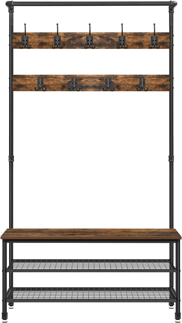 VASAGLE Cuier pentru haine cu 9 carlige si suport pentru pantofi, stil industrial, cadru din otel, 100x42x182 cm