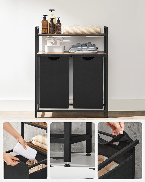 VASAGLE Cos de rufe, cu 2 saci detasabili, 2 rafturi, capacitate de 46L per sac, 73x33x72cm , maro rustic si negru