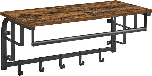 VASAGLE Cuier de perete cu raft de depozitare, 5 carlige detasabile, 30x66x27cm, maro rustic si negru