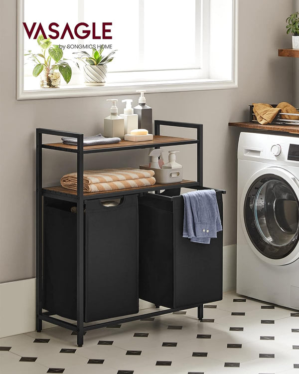 VASAGLE Cos de rufe, cu 2 saci detasabili, 2 rafturi, capacitate de 46L per sac, 73x33x72cm , maro rustic si negru