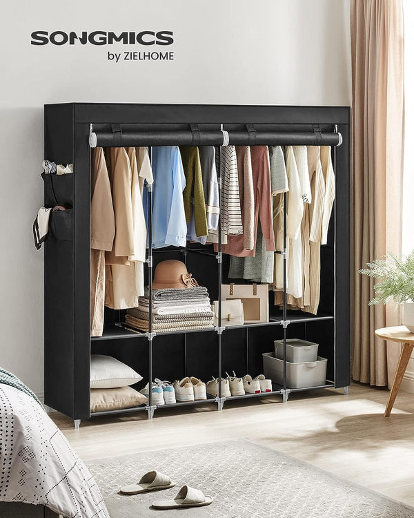 SONGMICS Garderoba din material textil, dulap portabil, cu rafturi si sina de agatat, 170x45x167cm, negru