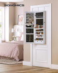 SONGMICS Dulap de bijuterii cu oglinda, montare pe perete, lumini LED, 37x10x120cm, alb