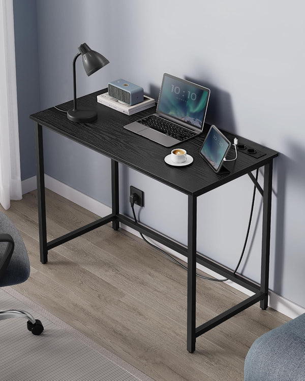 VASAGLE Birou cu iluminare LED, priza incorporata, 2 USB, 50x100x76 cm, negru