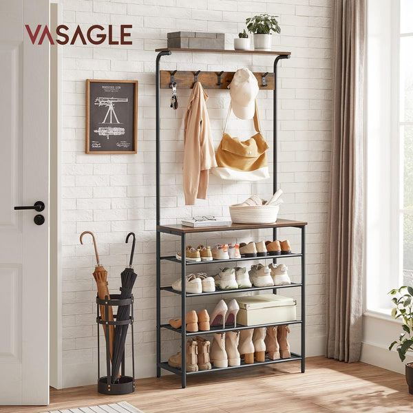 VASAGLE Cuier de hol cu depozitare pentru pantofi, 5 niveluri, 5 carlige duble, raft, 80x31x183cm, industrial, maro rustic si negru