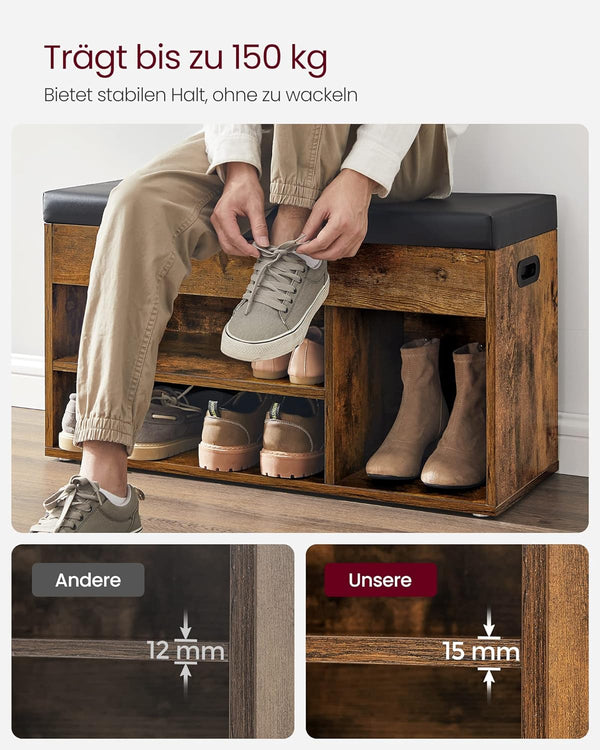 VASAGLE Pantofar cu banca, capitonata, 3 compartimente, sarcina 150 kg, 30x80x44cm, vintage, maro inchis