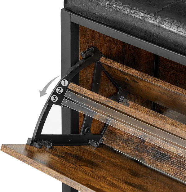 VASAGLE Banca cu organizator pantofi, cu clapeta, 30x80x51cm, industrial vintage, maro cu negru