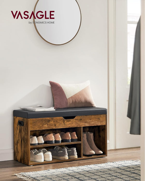 VASAGLE Pantofar cu banca, capitonata, 3 compartimente, sarcina 150 kg, 30x80x44cm, vintage, maro inchis