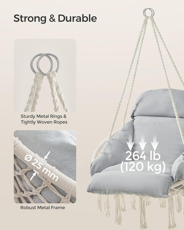 SONGMICS Scaun suspendat tip hamac cu perna groasa, stil scandinav, cadru metalic, include lant si carabiniera, 120 kg, bej si gri