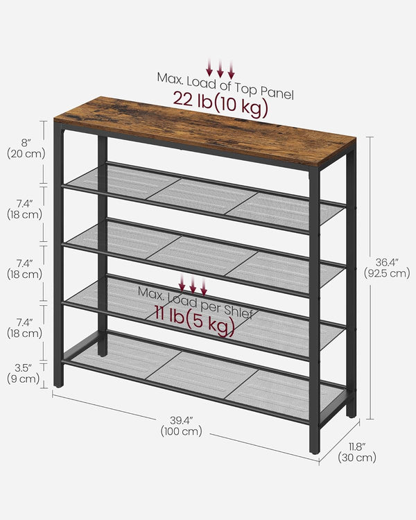 VASAGLE Raft de pantofi, cu 4 rafturi din plasa, cadru din otel, industrial, 30x100x92cm, maro rustic si negru