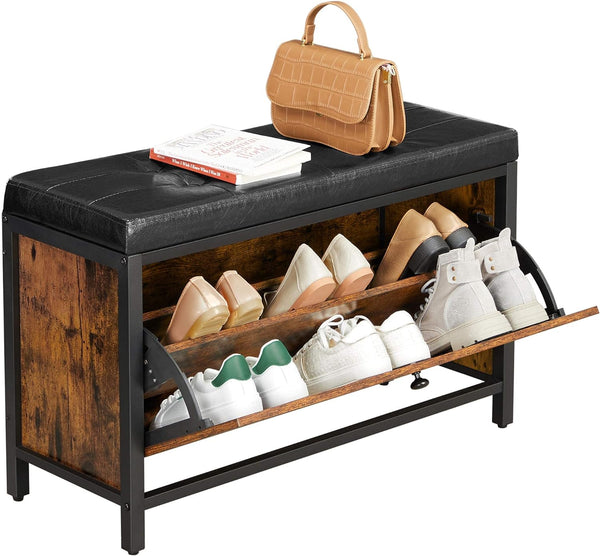 VASAGLE Banca cu organizator pantofi, cu clapeta, 30x80x51cm, industrial vintage, maro cu negru
