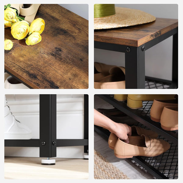 VASAGLE Raft pentru pantofi cu 2 polite, 73x30x45cm, otel, stil industrial, maro rustic si negru