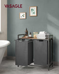 VASAGLE Cos de rufe, 2 compartimente, saci de rufe detasabili, raft, cadru metalic, 2x46L, 73x33x72 cm, maro rustic si gri