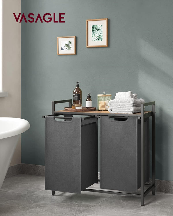 VASAGLE Cos de rufe, 2 compartimente, saci de rufe detasabili, raft, cadru metalic, 2x46L, 73x33x72 cm, maro rustic si gri