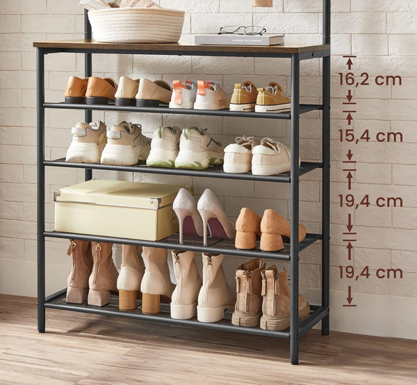 VASAGLE Cuier de hol cu depozitare pentru pantofi, 5 niveluri, 5 carlige duble, raft, 80x31x183cm, industrial, maro rustic si negru