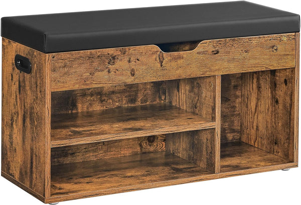 VASAGLE Pantofar cu banca, capitonata, 3 compartimente, sarcina 150 kg, 30x80x44cm, vintage, maro inchis