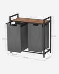 VASAGLE Cos de rufe, 2 compartimente, saci de rufe detasabili, raft, cadru metalic, 2x46L, 73x33x72 cm, maro rustic si gri