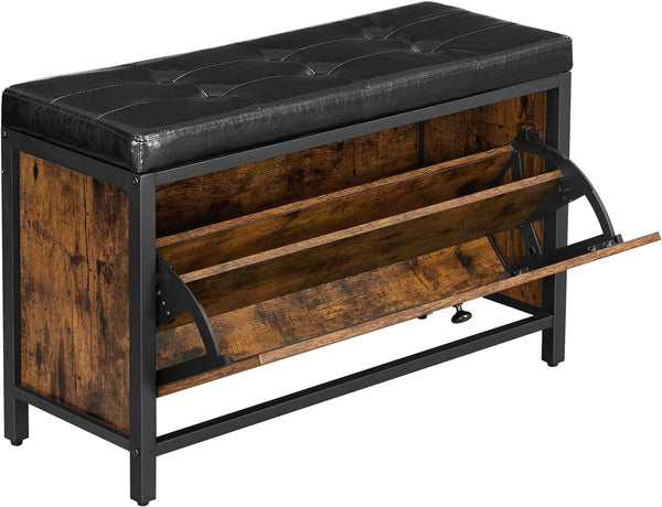 VASAGLE Banca cu organizator pantofi, cu clapeta, 30x80x51cm, industrial vintage, maro cu negru