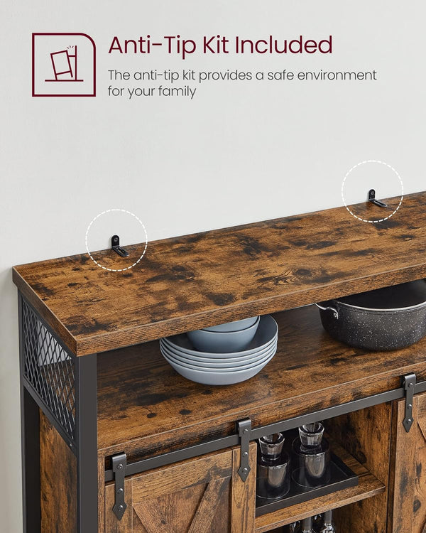 VASAGLE Comoda pentru living sau bucatarie, cu 2 usi glisante, rafturi reglabile, stil rustic, 33x100x80cm, maro si negru