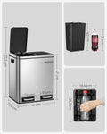 SONGMICS Cos de gunoi din inox cu 2 compartimente colectare selectiva, cu galeti interioare, 2x15litri, argintiu si negru