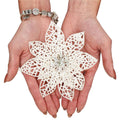 Set 10 ornamente pentru bradul de Craciun, stea Poinsettia, 14cm, alb cu sclipici