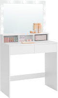 VASAGLE Masa de toaleta cu oglinda, iluminare LED, 2 sertare si 3 compartimente deschise, 80x40x140cm, modern, alb