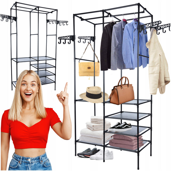 Stand de haine cu polite si tije pentru agatarea umeraselor, 85x44x174cm, negru