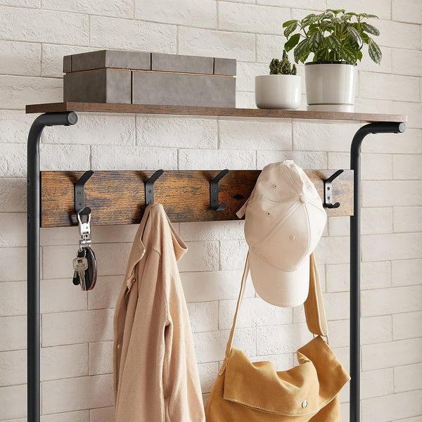 VASAGLE Cuier de hol cu depozitare pentru pantofi, 5 niveluri, 5 carlige duble, raft, 80x31x183cm, industrial, maro rustic si negru