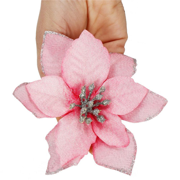 Set 10 ornamente pentru bradul de Craciun, stea Poinsettia, 13cm, roz