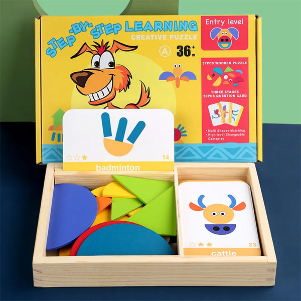 Leziter Joc magnetic tangram din lemn cu cărți în limba engleză, nivel începător
