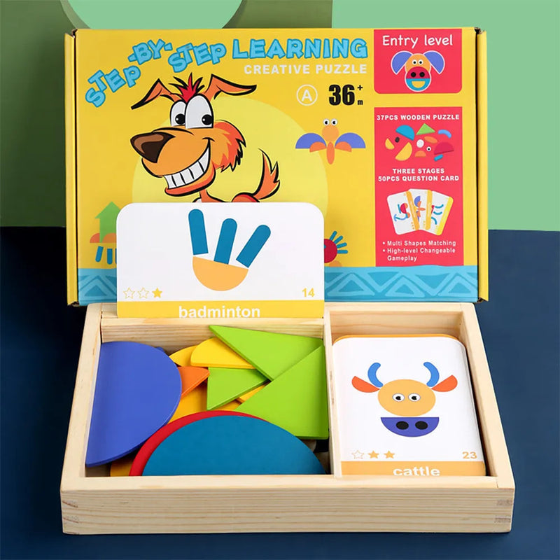 Leziter Joc magnetic tangram din lemn cu cărți în limba engleză, nivel începător