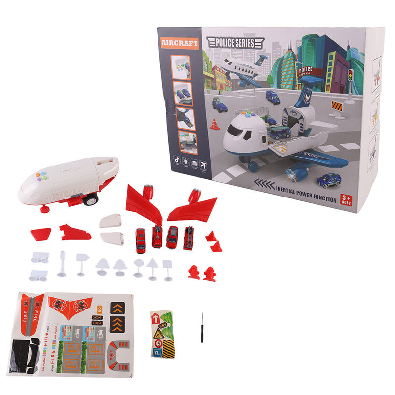 Leziter Avion de transport pentru pompieri cu 4 mașini de pompieri, accesorii, efecte luminoase și sonore