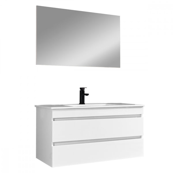Leziter Set mobilier baie Cube 100 cu lavoar ceramic, oglinda, 2 sertare, 60x100 cm, vopsita in alb lucios