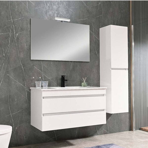 Leziter Set mobilier baie Cube 100 cu lavoar ceramic, oglinda, 2 sertare, 60x100 cm, vopsita in alb lucios